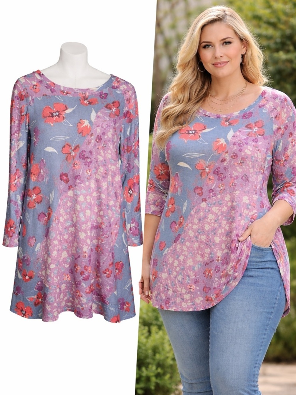 LOGO Lori Goldstein | Floral Patchwork Tunic Top Blue Pink 3/4 Sleeve | Size 2X